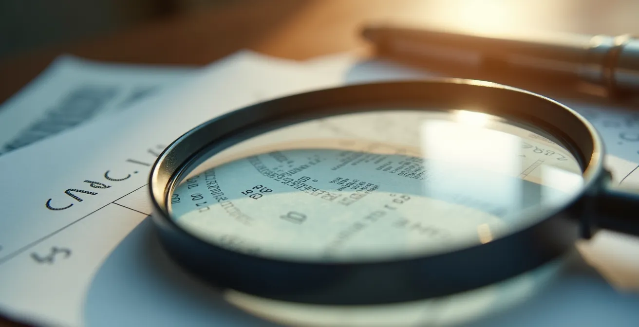 Axe Macro & Textural : gros plan sur des documents financiers examinés à la loupe