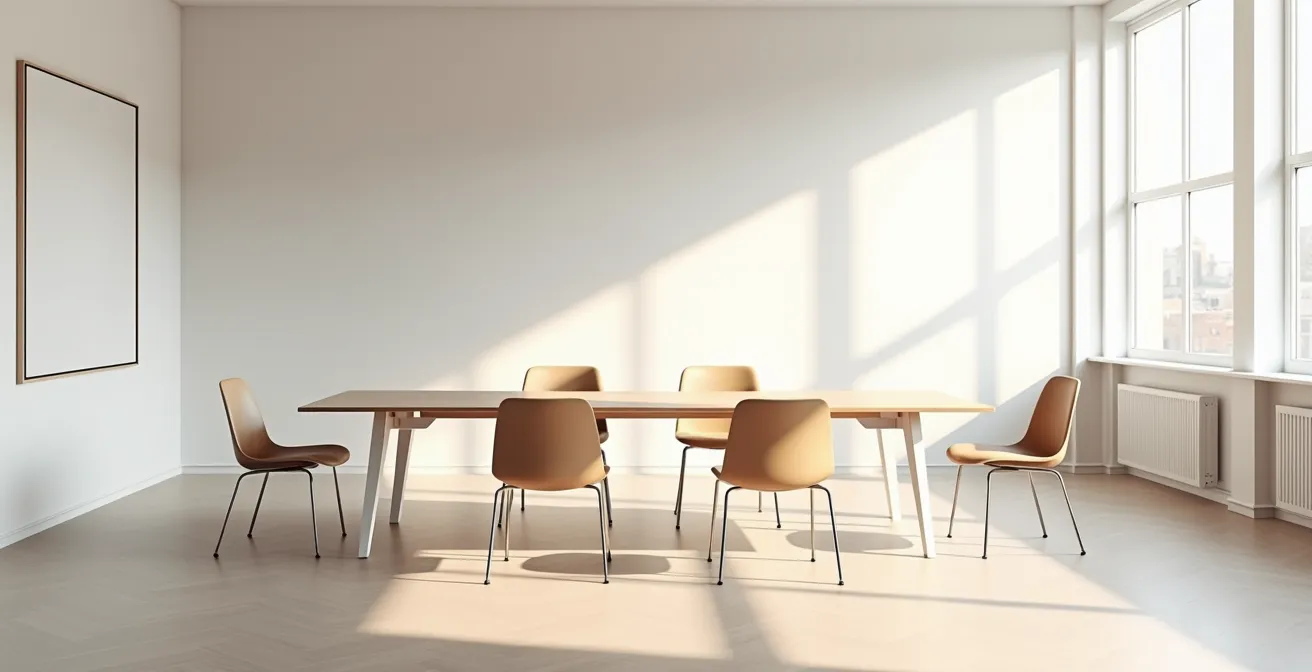 Axe Environnemental & Minimaliste : salle de médiation épurée avec table de réunion