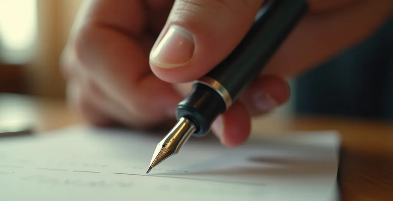 Axe Humain & Émotionnel : main hésitante au-dessus d'un stylo, moment de réflexion avant signature