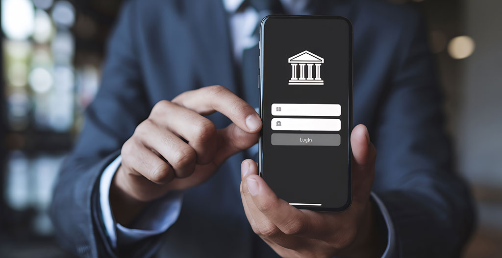 Deux mains tenant un smartphone affichant une application de gestion budgétaire, sur fond de canapé dans un salon moderne