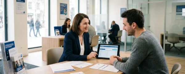 Conseiller bancaire Banque Populaire en discussion avec un client dans une agence moderne, documents et interface numérique sur le bureau, environnement professionnel épuré avec lumière naturelle