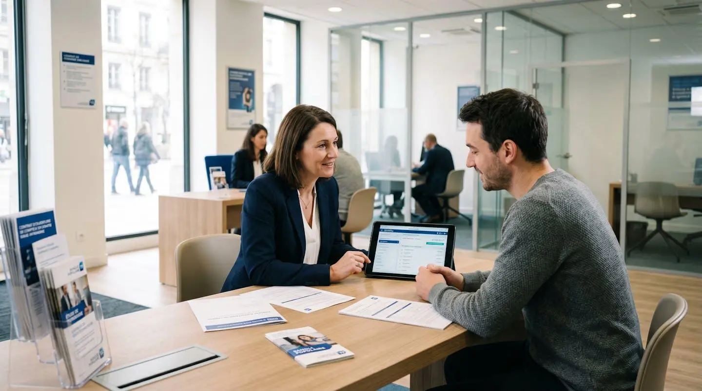 Conseiller bancaire Banque Populaire en discussion avec un client dans une agence moderne, documents et interface numérique sur le bureau, environnement professionnel épuré avec lumière naturelle