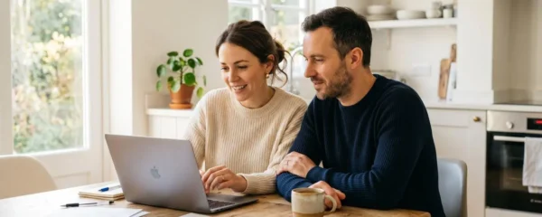Un couple assis à une table de cuisine, consultant leurs relevés bancaires sur un ordinateur portable, avec un café et des documents posés devant eux