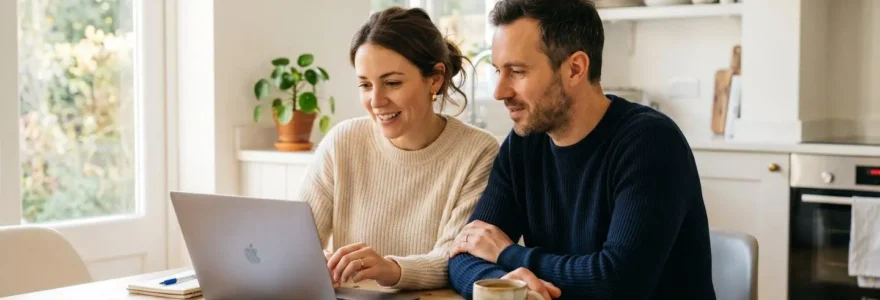 Un couple assis à une table de cuisine, consultant leurs relevés bancaires sur un ordinateur portable, avec un café et des documents posés devant eux