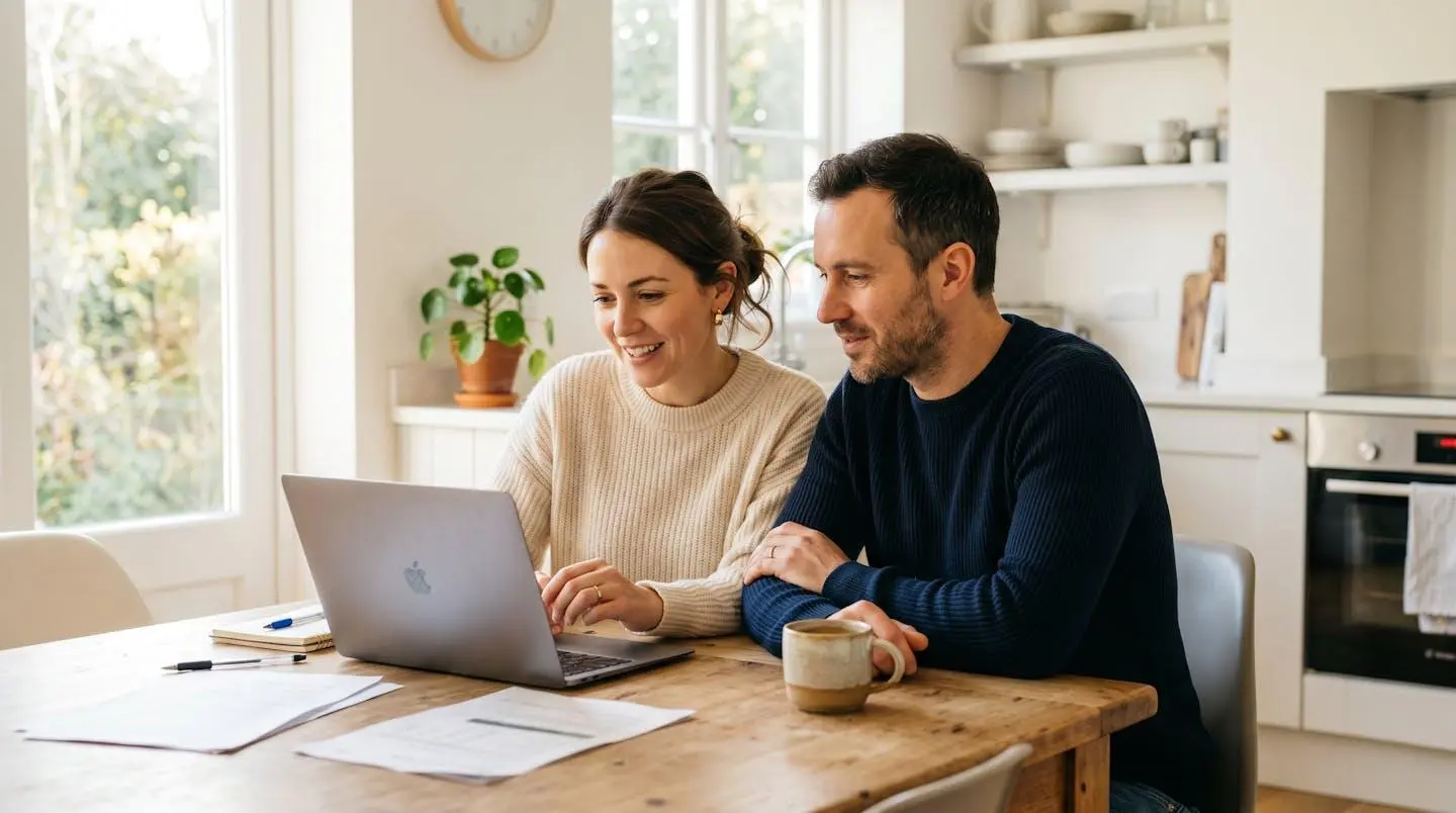 Un couple assis à une table de cuisine, consultant leurs relevés bancaires sur un ordinateur portable, avec un café et des documents posés devant eux