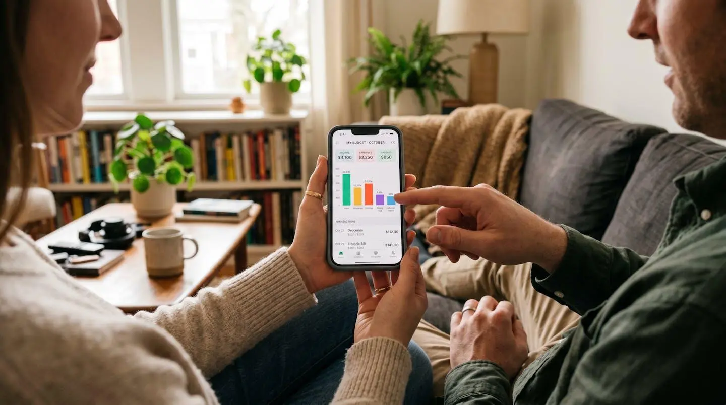 Deux mains tenant un smartphone affichant une application de gestion budgétaire, sur fond de canapé dans un salon moderne