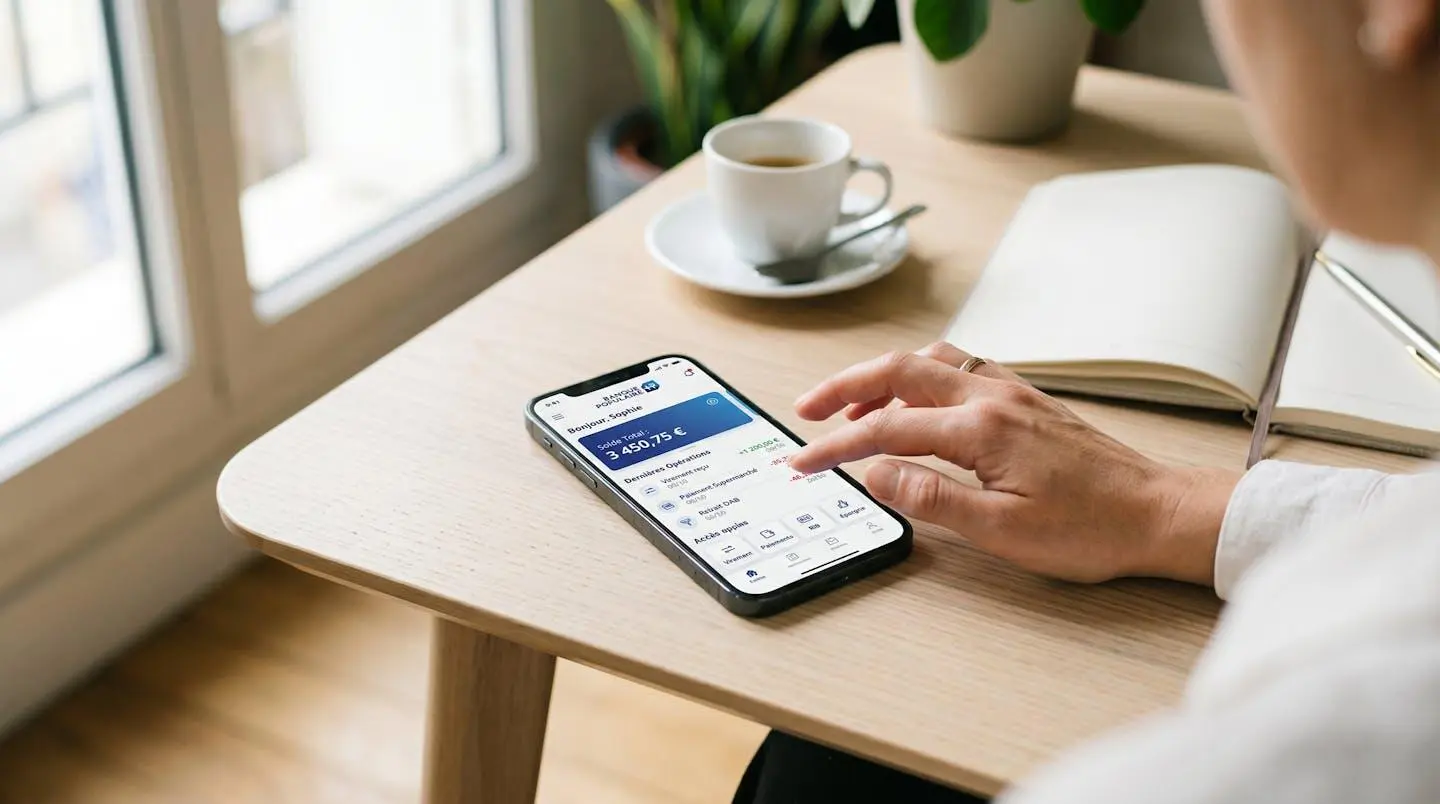 Smartphone affichant l'interface de l'application mobile Banque Populaire avec tableau de bord de compte et opérations récentes, posé sur un bureau moderne avec lumière naturelle