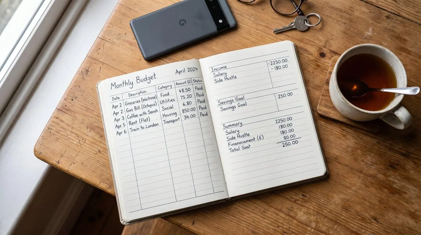Vue en plongée d'un carnet de budget ouvert sur une table, avec des colonnes manuscrites catégorisant les dépenses du foyer, stylet à côté d'une tablette