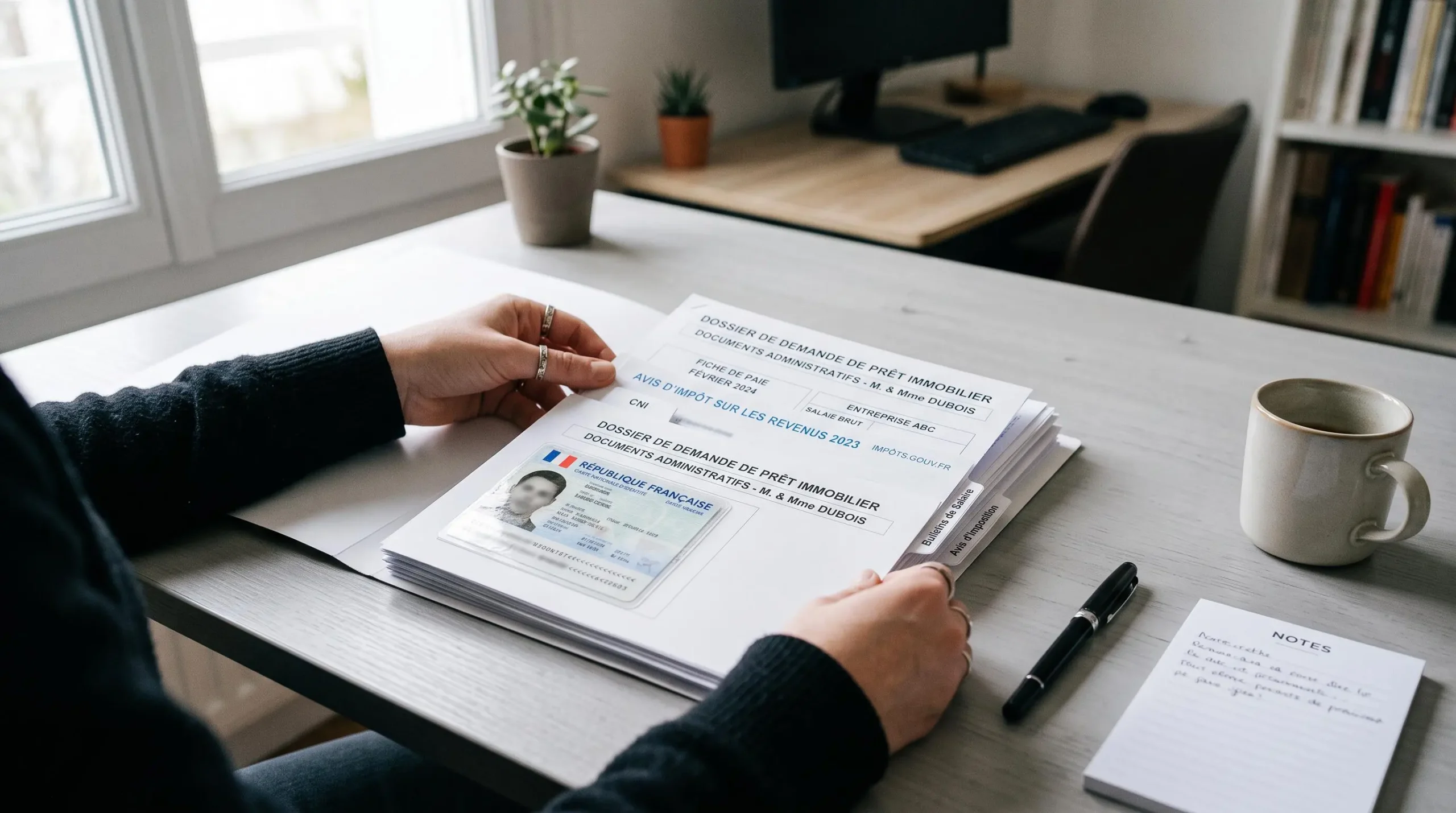 Chemise de dossier de crédit immobilier ouverte contenant des documents administratifs français organisés (fiches de paie, justificatifs) sur une table de travail épurée