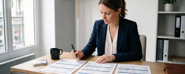 Trois documents de simulation de crédit immobilier disposés côte à côte sur un bureau contemporain, examinés attentivement par une personne avec un stylo, dans un cadre professionnel sobre et lumineux