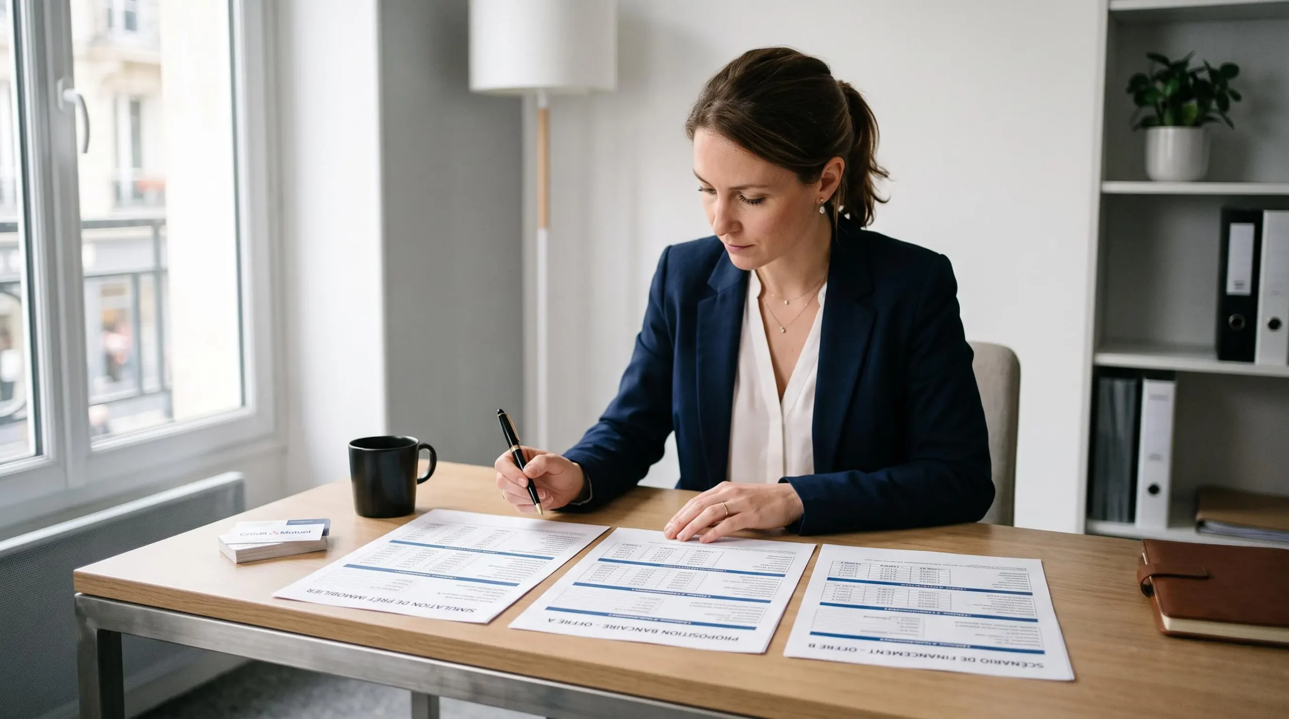 Trois documents de simulation de crédit immobilier disposés côte à côte sur un bureau contemporain, examinés attentivement par une personne avec un stylo, dans un cadre professionnel sobre et lumineux
