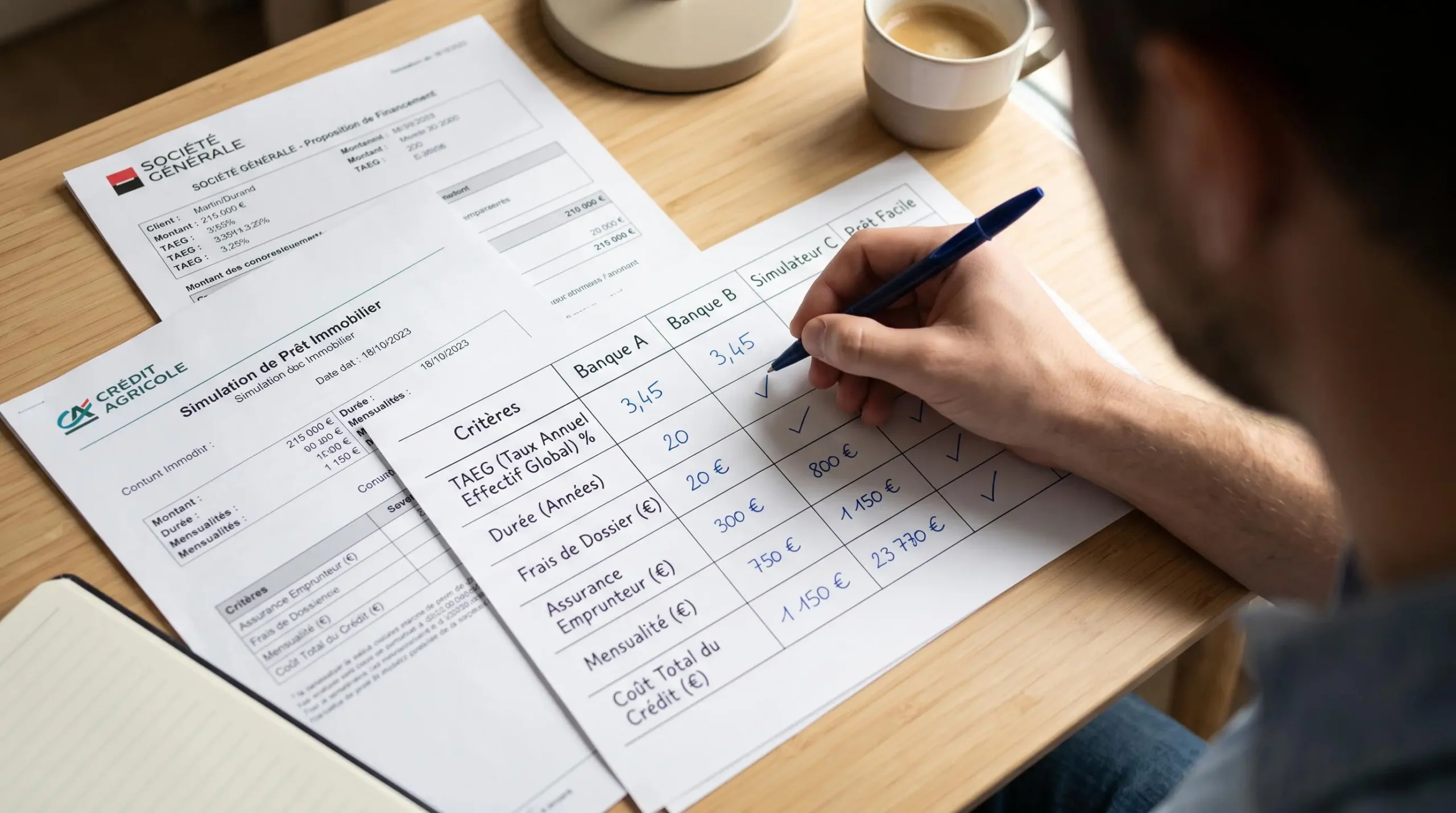 Vue en plongée sur une grille de comparaison de simulations de crédit immobilier en cours de remplissage manuel, entourée de documents de simulation sur un bureau organisé