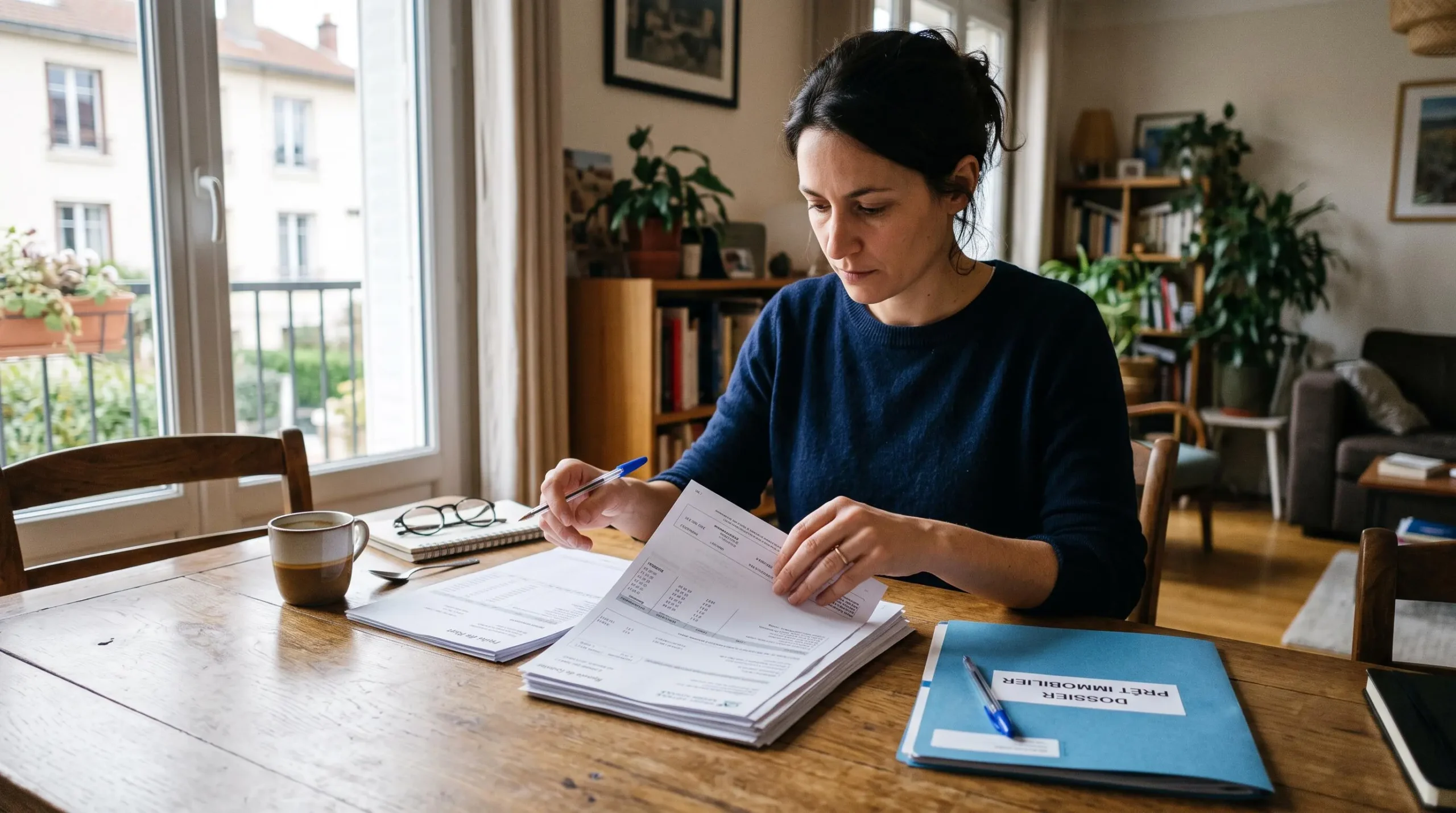 Personne organisant des documents de demande de crédit immobilier incluant bulletins de salaire et relevés bancaires sur une table à domicile