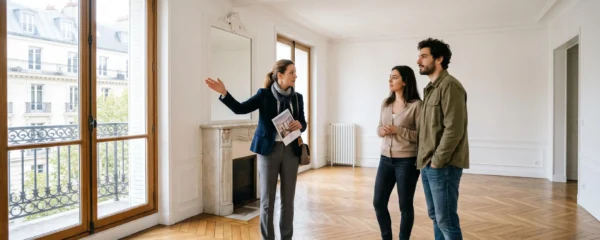 Couple signant l'acte de vente immobilier sur le bureau d'un notaire dans une étude notariale française traditionnelle