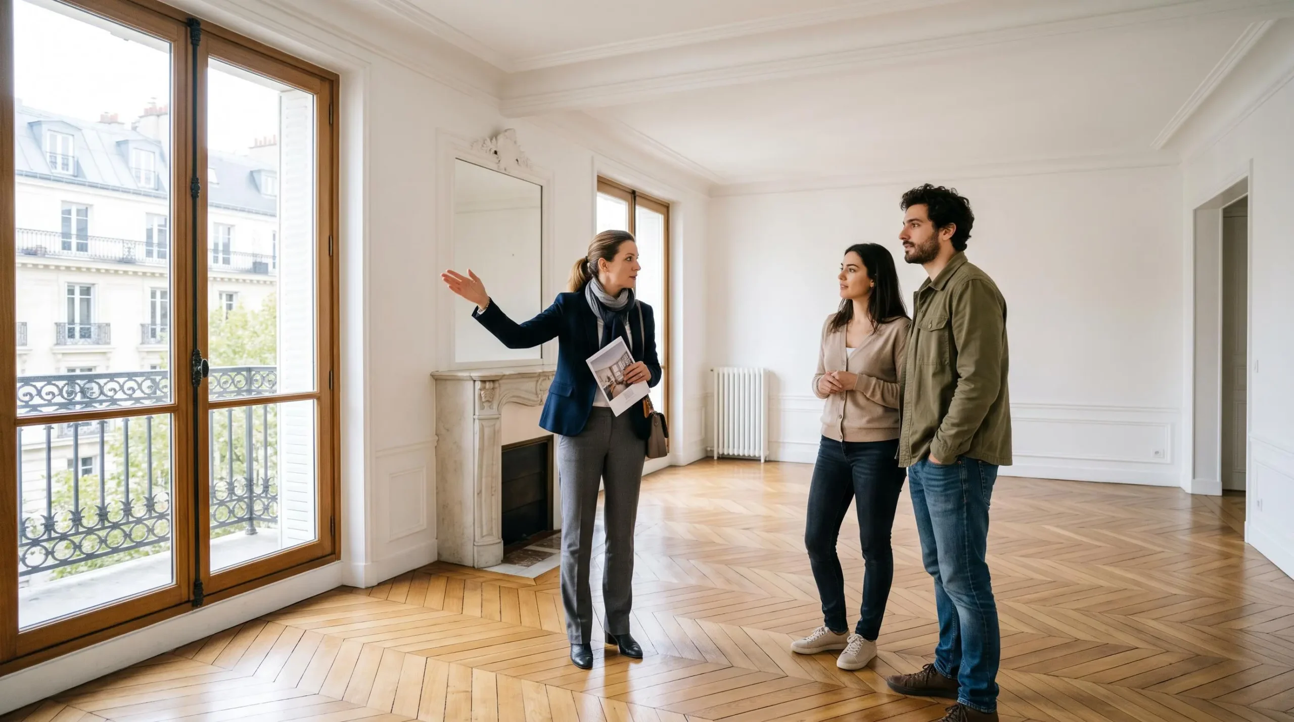 Couple signant l'acte de vente immobilier sur le bureau d'un notaire dans une étude notariale française traditionnelle