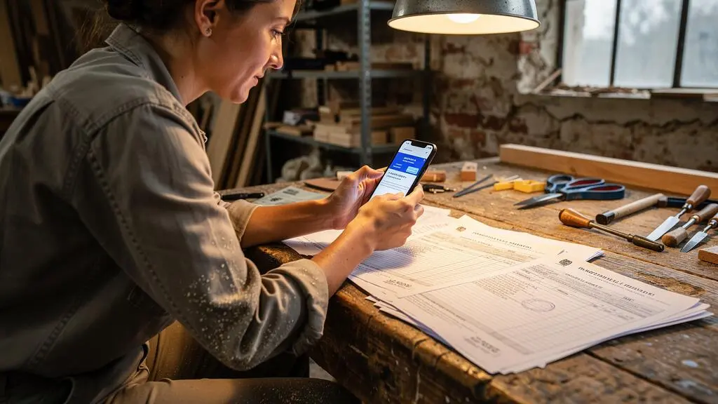 Artisan vérifiant une transaction bancaire professionnelle sur smartphone dans son atelier de menuiserie