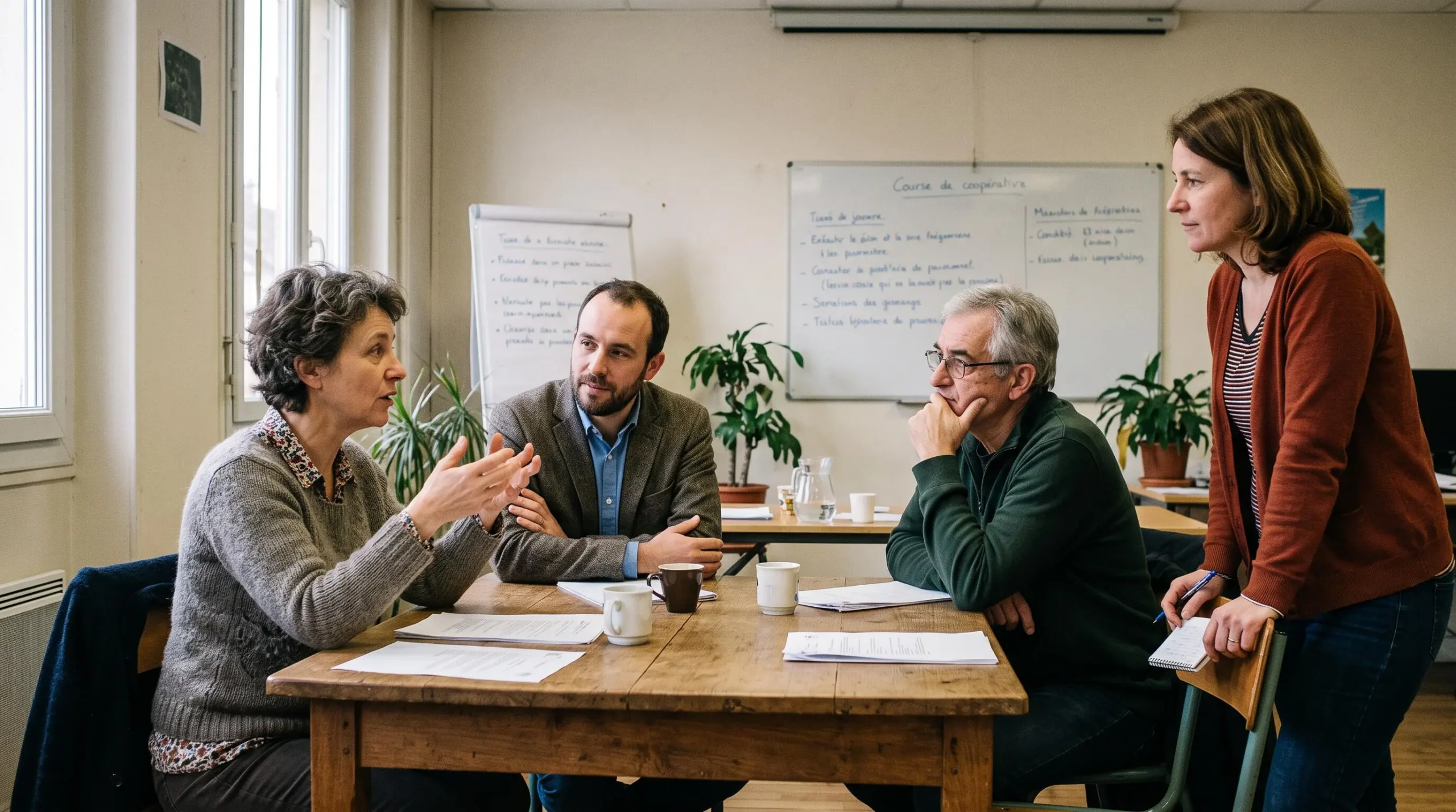 Membres d'une banque coopérative en discussion active lors d'une assemblée participative de gouvernance