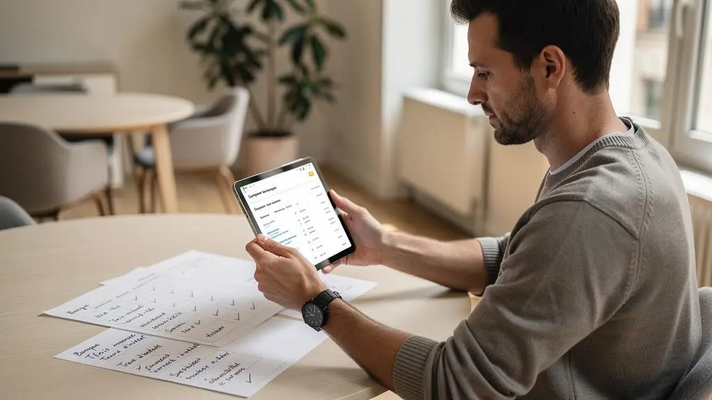 Consultant freelance comparant des offres bancaires professionnelles sur tablette dans un espace de coworking