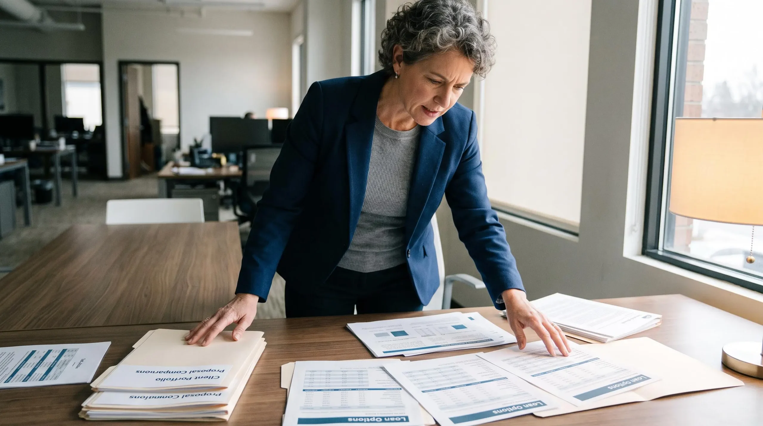 Courtier financier analysant et comparant plusieurs propositions de prêt et documents de financement
