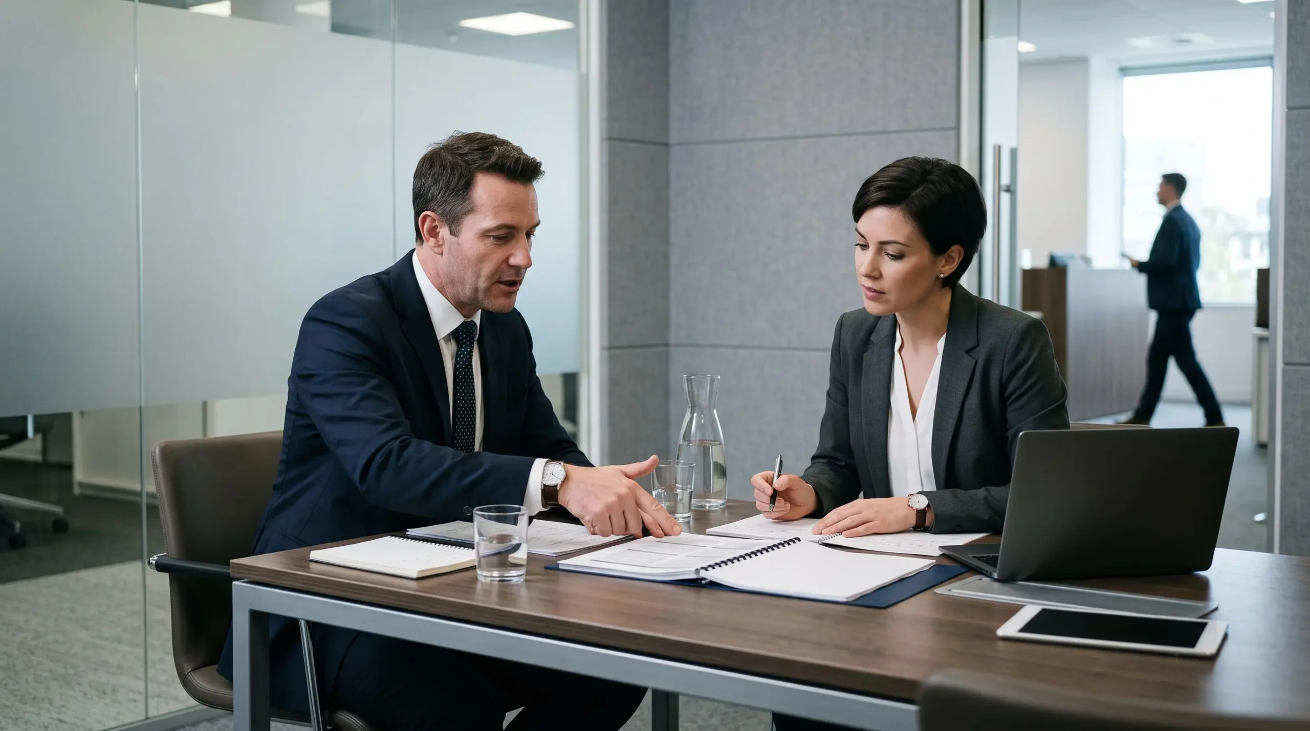 Courtier financier présentant une proposition de financement structurée à un conseiller bancaire lors d'une réunion professionnelle