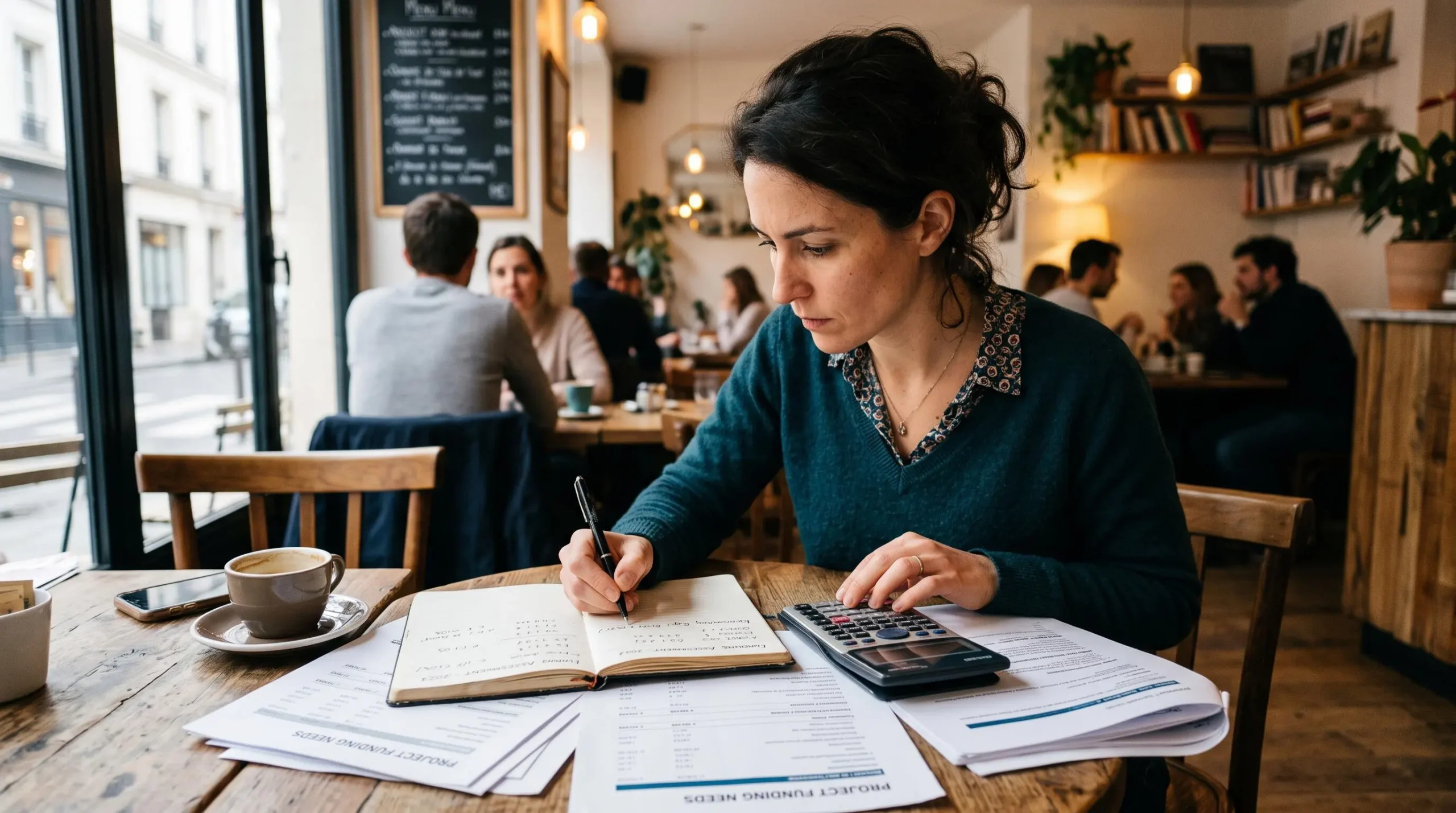 Entrepreneur calculant sa capacité financière et évaluant ses besoins de financement avec documents et calculatrice