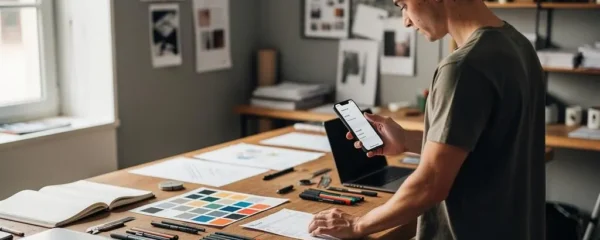 Graphiste freelance consultant une application bancaire professionnelle sur smartphone dans son studio créatif