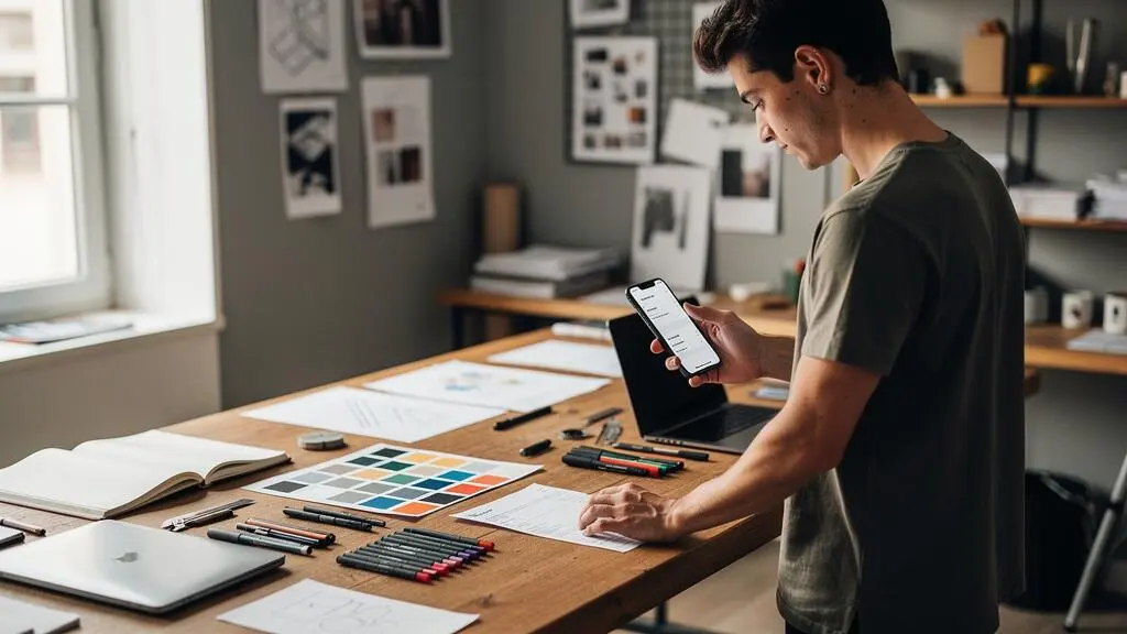 Graphiste freelance consultant une application bancaire professionnelle sur smartphone dans son studio créatif