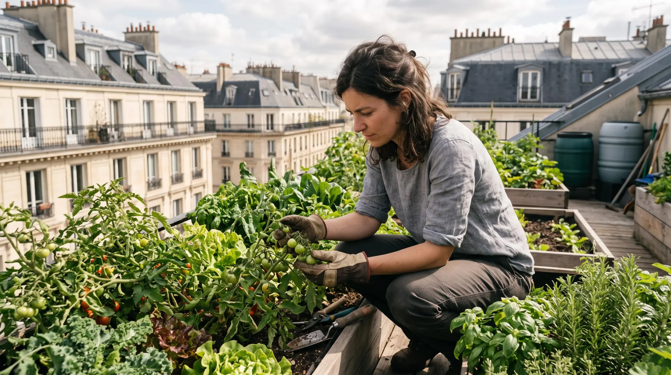 Personne travaillant dans un jardin urbain participatif sur toiture en milieu urbain français