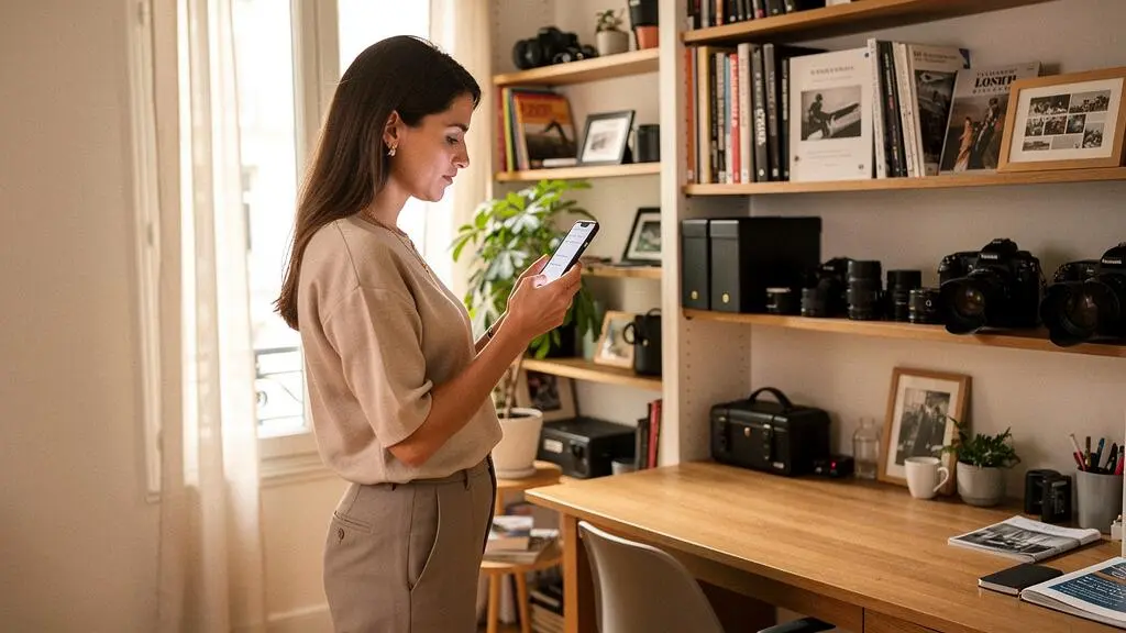 Photographe freelance finalisant l'ouverture d'un compte bancaire professionnel en ligne depuis son bureau à domicile