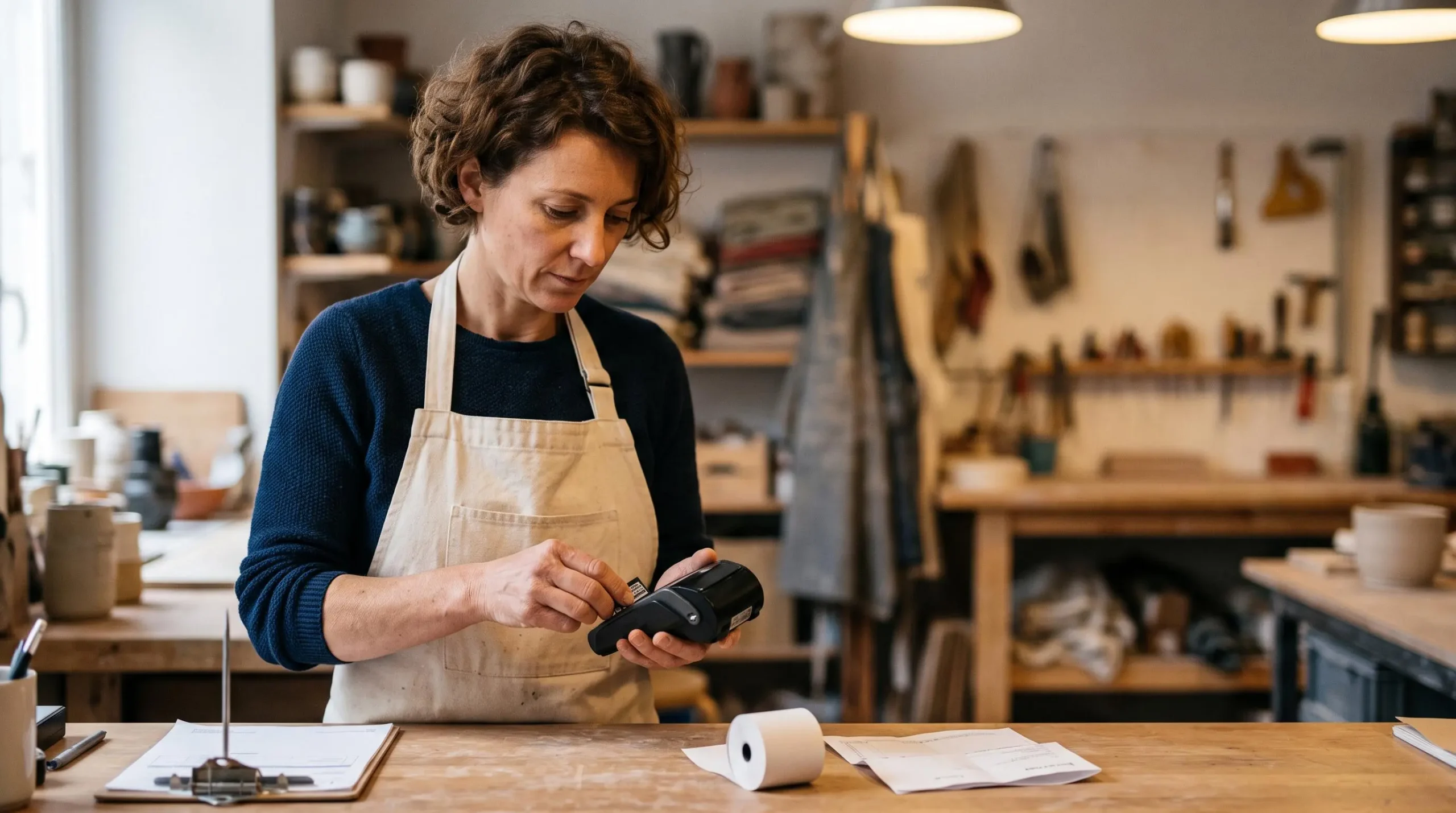Une artisan installe la batterie dans un terminal de paiement neuf sur le comptoir de son atelier.